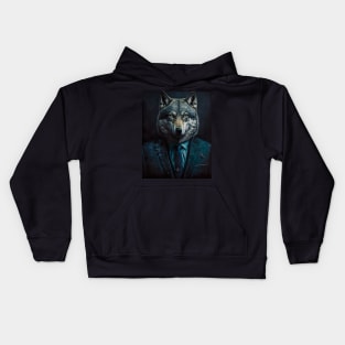 Distinguished Wolf portrait wearing a suit Kids Hoodie